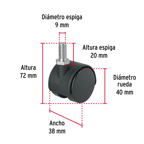 Rodaja tipo yoyo de 40 mm con espiga roscada, FIERO | ROY-40ER | 49696