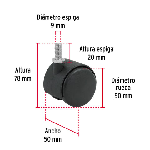 Rodaja tipo yoyo de 50 mm con espiga roscada, FIERO | ROY-50ER | 49697