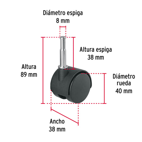 Rodaja tipo yoyo de 40 mm con espiga para madera, FIERO | ROY-40EM | 49698