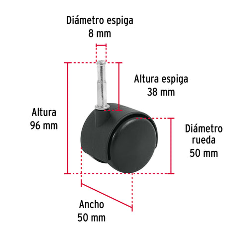 Rodaja tipo yoyo de 50 mm con espiga para madera, FIERO | ROY-50EM | 49699