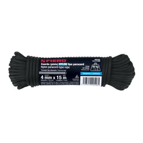 Piola de nylon paracord de 4mm x 15m negro, madeja, FIERO | PIO-415NN | 49703