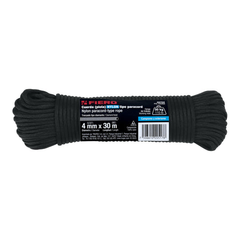 Piola de nylon paracord de 4mm x 30m negro, madeja, FIERO | PIO-430NN | 49704