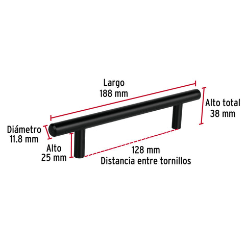 Jaladera de acero, 128mm, línea Cilindro, negro, HERMEX | JAL-0362 | 49732