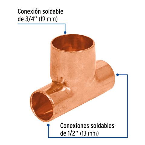 Tee reducida de cobre 1/2' x 1/2' x 3/4', FOSET | CC-721 | 49741