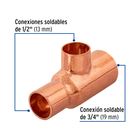 Tee reducida de cobre 3/4' x 1/2' x 1/2', FOSET | CC-722 | 49742