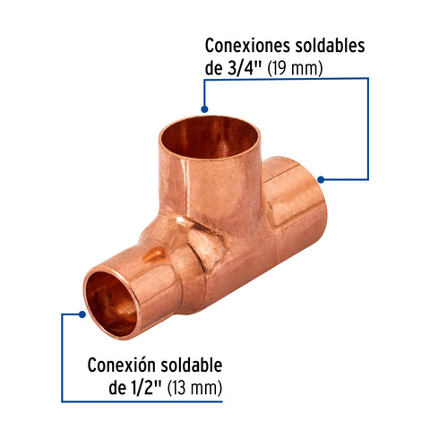 Tee reducida de cobre 3/4' x 1/2' x 3/4', FOSET | CC-723 | 49743