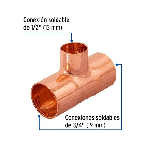 Tee reducida de cobre 3/4' x 3/4' x 1/2', FOSET | CC-724 | 49744