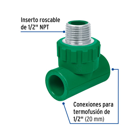 Tee macho de PPR 1/2' con inserto metálico, FOSET | CV-711 | 49838