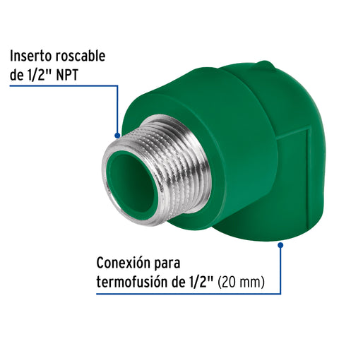 Codo 90° PPR, 1/2', rosca macho con inserto metálico, FOSET | CV-511 | 49855