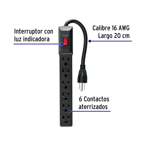Multicontacto 16 AWG doméstico económico 6 entradas, negro | MUL-6EN | 49860