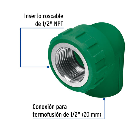 Codo 90° PPR, 1/2', rosca hembra con inserto metálico, FOSET | CV-501 | 49861