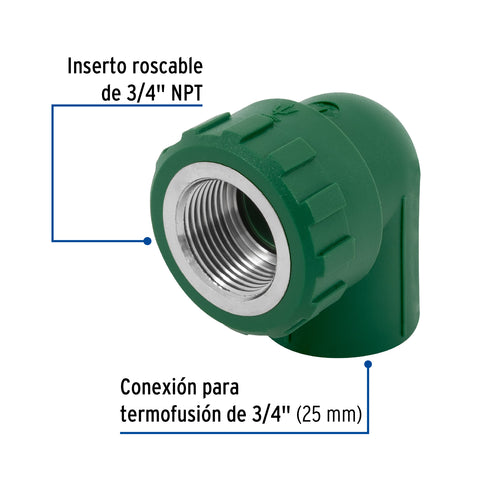 Codo 90° PPR, 3/4', rosca hembra con inserto metálico, FOSET | CV-502 | 49862