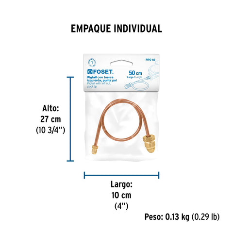 Pigtail con tuerca izquierda, punta pol, 50 cm, FOSET | PIPO-50 | 49964