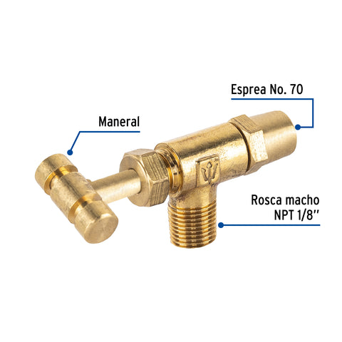Válvula horizontal de latón 1/8' para gas LP, con maneral | VGH-555 | 49976