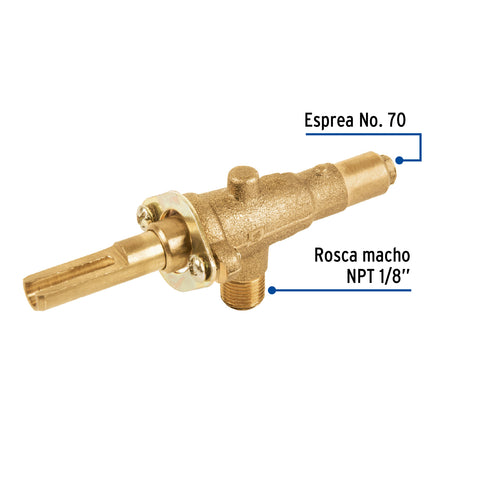 Válvula horizontal de latón 1/8' para gas LP, sin maneral | VGH-556 | 49977