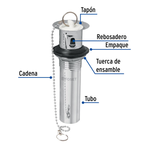 Contra p/lavabo c/rebosadero, tapón y cadena, cromo, 1-1/4' | CE-204 | 49982