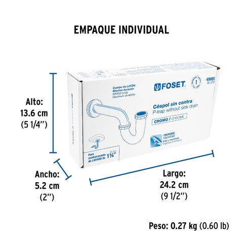 Céspol 1-1/4', sin contra, latón cromo, para lavabo, FOSET | CE-210 | 49985