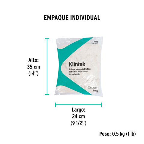 Bolsa de 1/2 kg de estopa extra fina, color blanco, KLINTEK | ESTO-2B | 58006