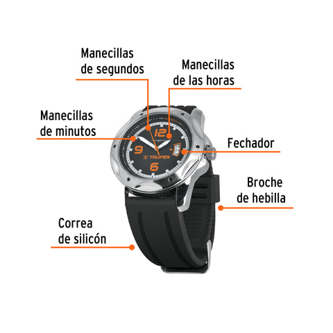 Reloj para caballero de cuarzo, correa de plástico, Truper | REL-PC | 60070