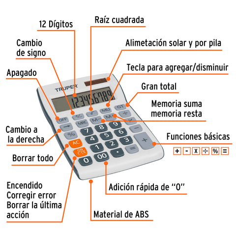 Calculadora de escritorio 19 cm, Truper | CALC-19E | 60482