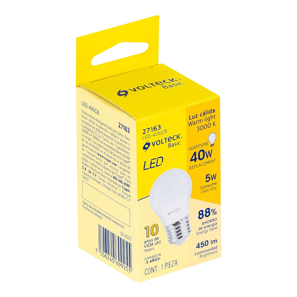 LED-40GCB | Lámpara LED G45 5 W (equiv. 40 W), luz cálida, caja, Basic