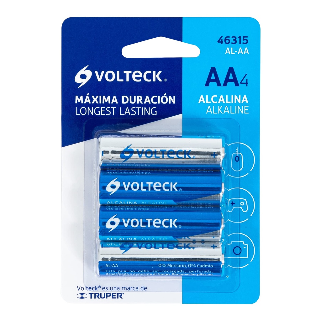 AL-AA | Blíster con 4 pilas alcalinas tamaño AA, Volteck