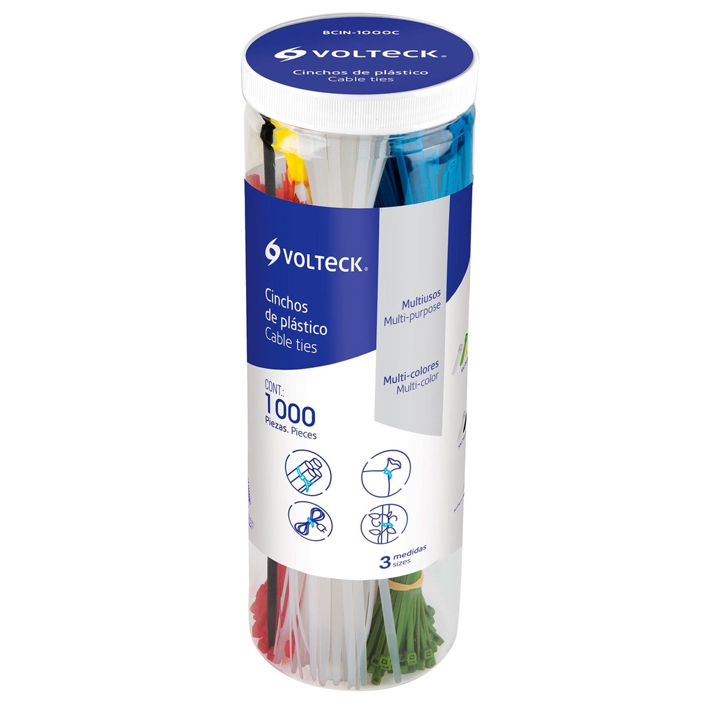 BCIN-1000C | Bote con 1000 cinchos plásticos en colores surtidos, Volteck