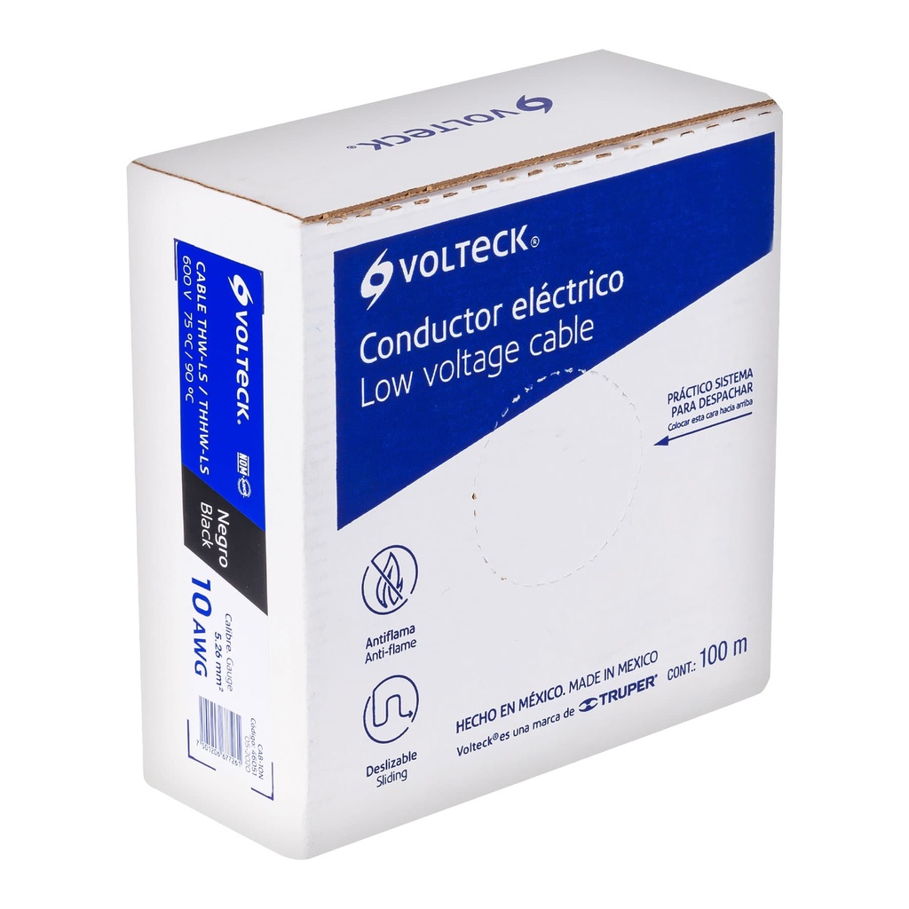 CAB-10N | Rollo de 100 m de cable THHW-LS 10 AWG negro, Volteck