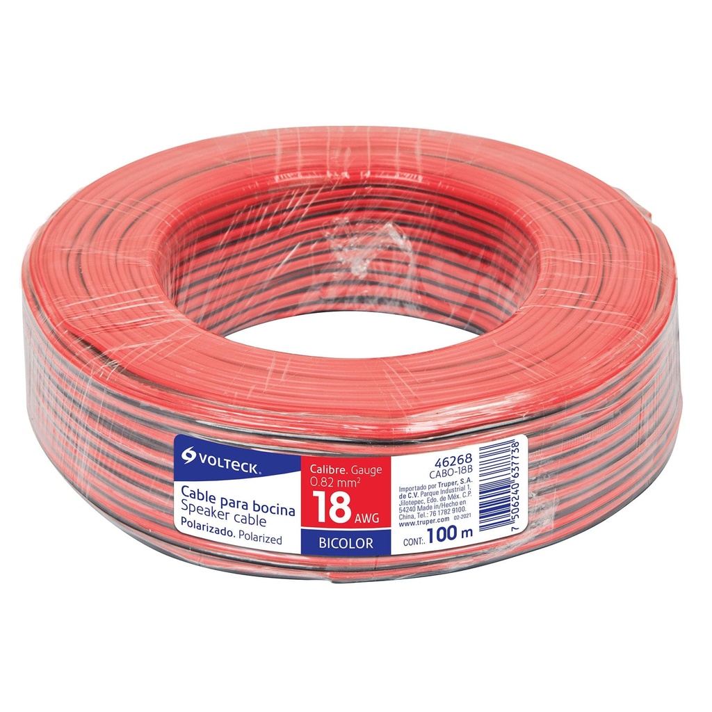 CABO-18B | Rollo de 100 m de cable polarizado bicolor p/bocina 18 AWG