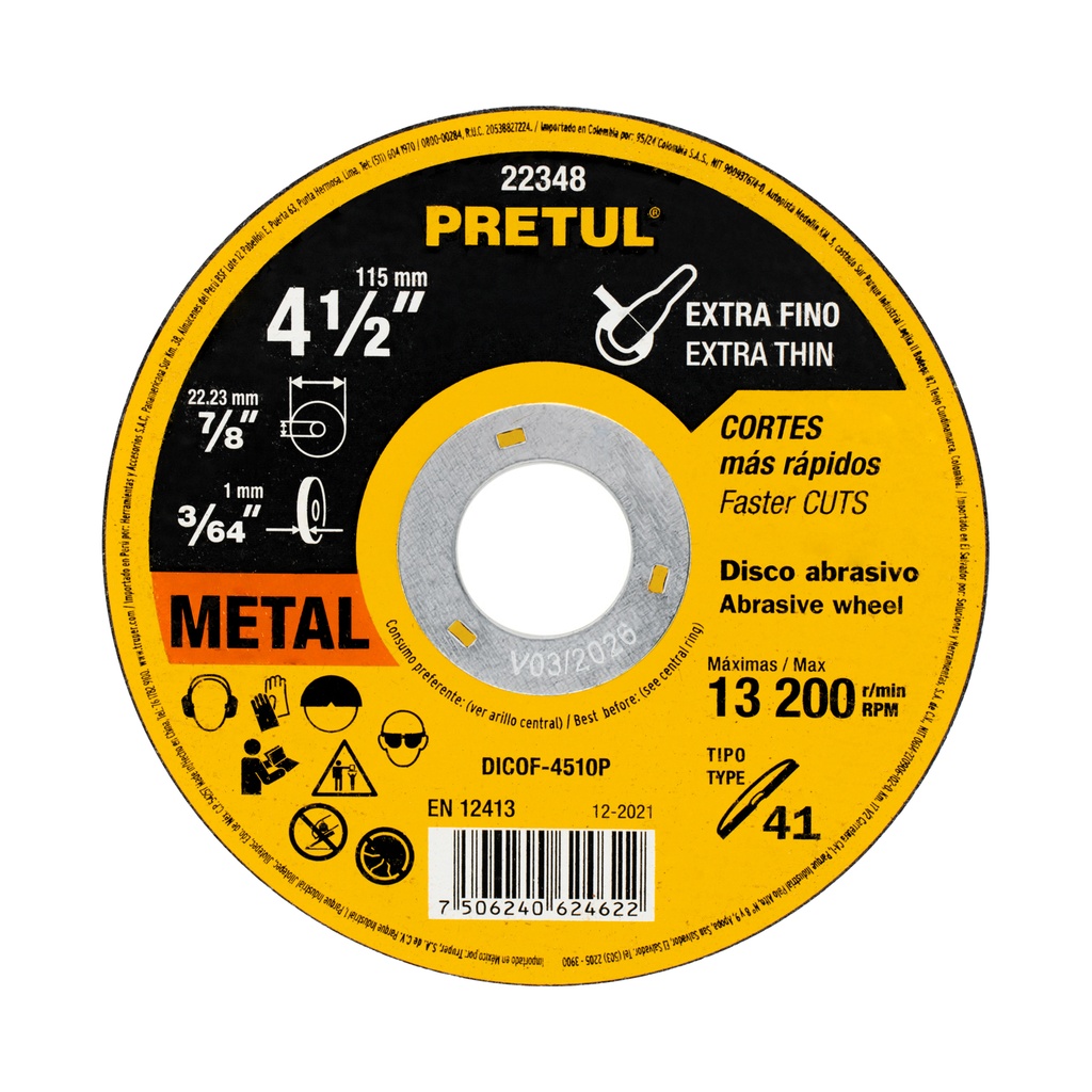 DICOF-4510P | Disco Tipo 41 de 4-1/2' x 1 mm corte fino de metal, Pretul