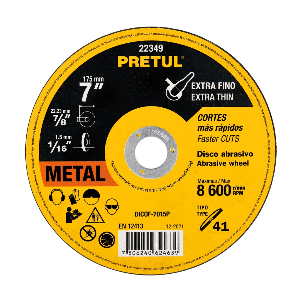 DICOF-7015P | Disco Tipo 41 de 7' x 1.5 mm corte fino de metal, Pretul