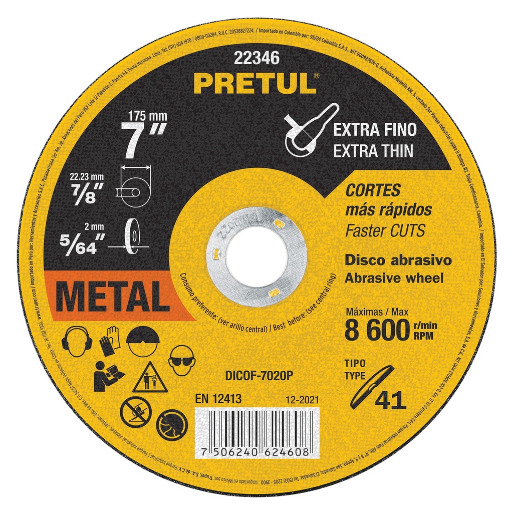 DICOF-7020P | Disco Tipo 41 de 7' x 2 mm corte fino de metal, Pretul