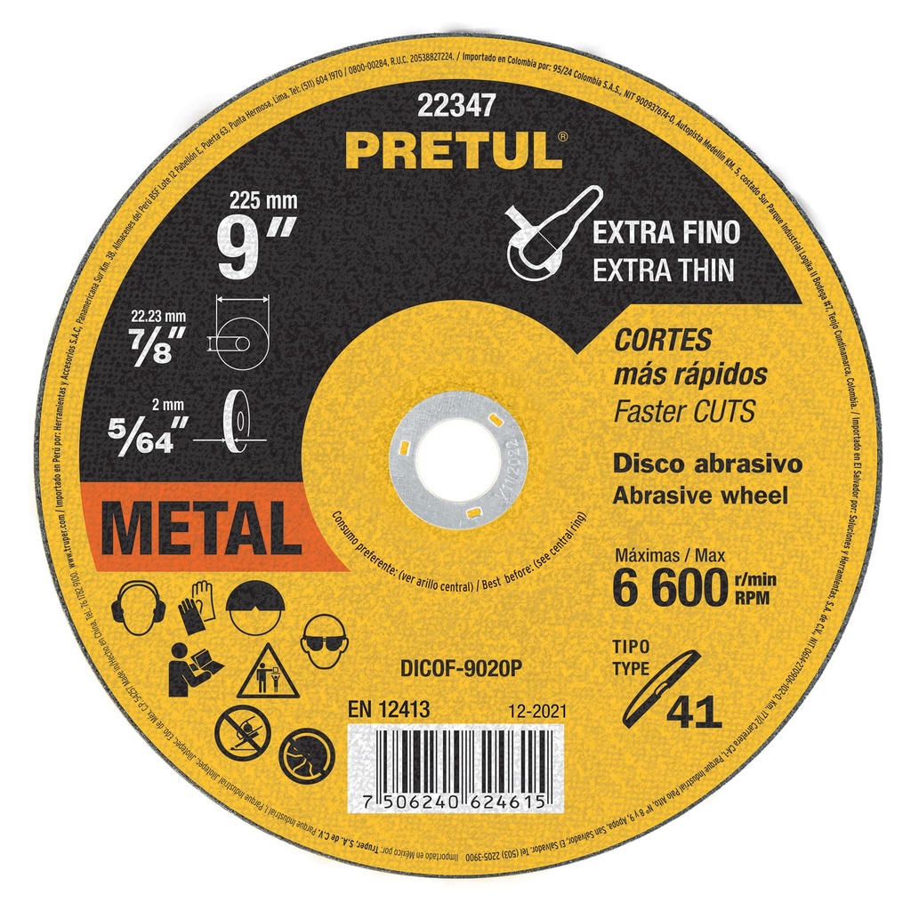 DICOF-9020P | Disco Tipo 41 de 9' x 2 mm corte fino de metal, Pretul