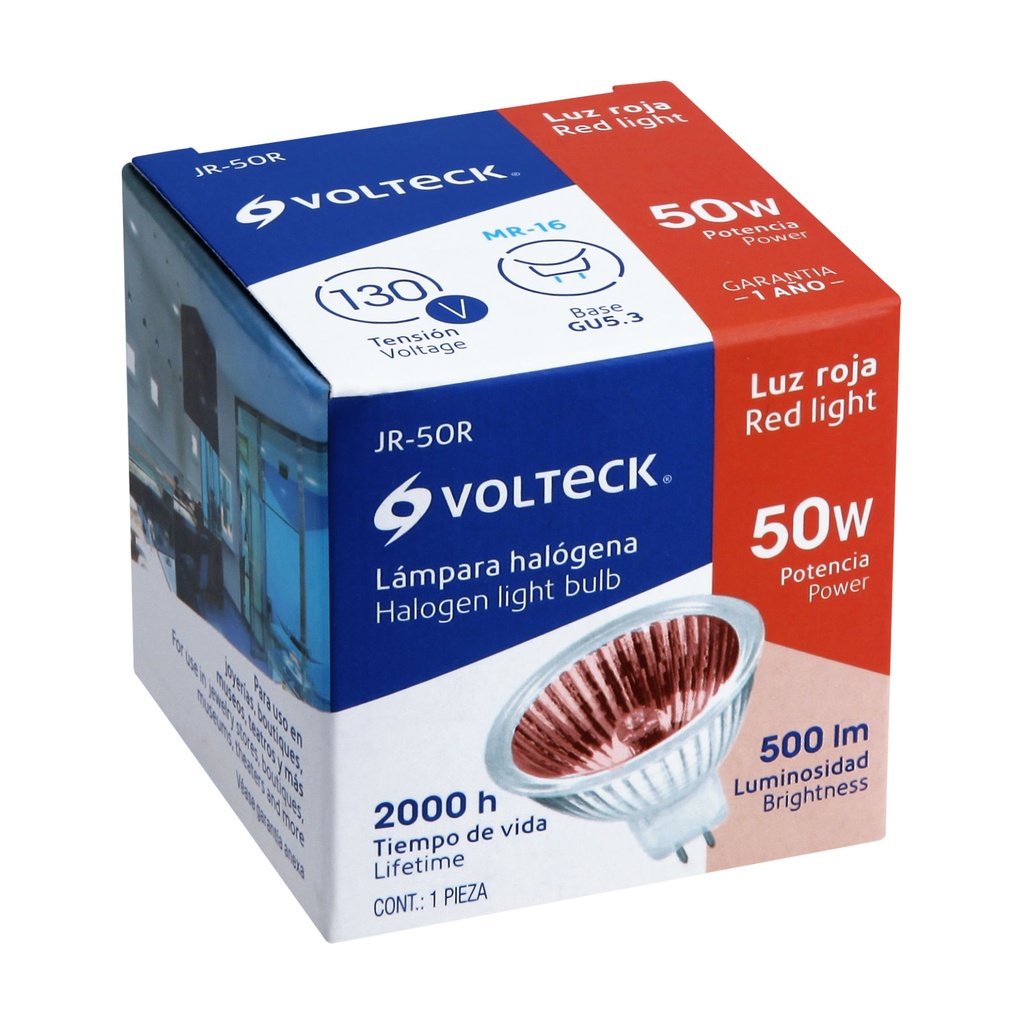 JR-50R | Lámpara de halógeno rojo 50 W tipo MR16 en caja, Volteck