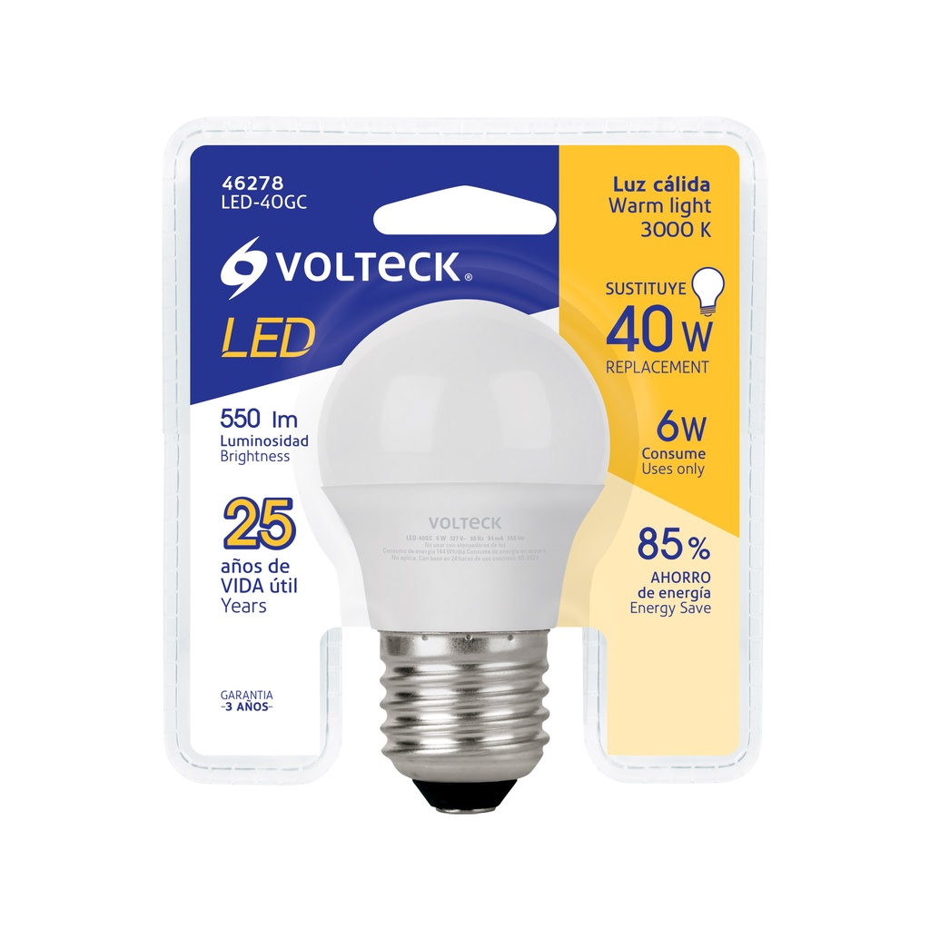 LED-40GC | Lámpara LED G45 6 W (equiv. 40 W), luz cálida, blíster