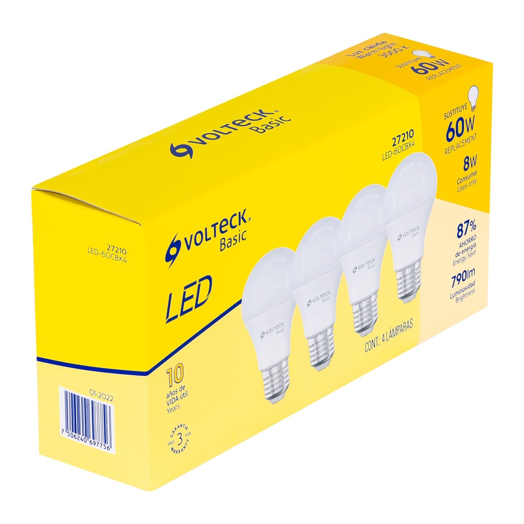 LED-60CBX4 | Pack de 4 lámparas LED A19 8 W (equiv. 60 W), luz cálida