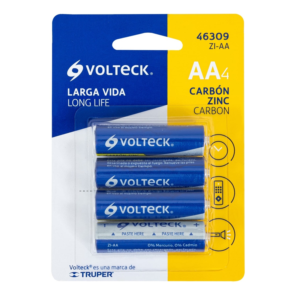ZI-AA | Blíster con 4 pilas zinc-carbón tamaño AA, volteck