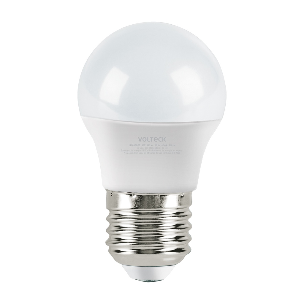 LED-30GCC | Lámpara LED tipo bulbo G45 3 W luz cálida, caja, Volteck