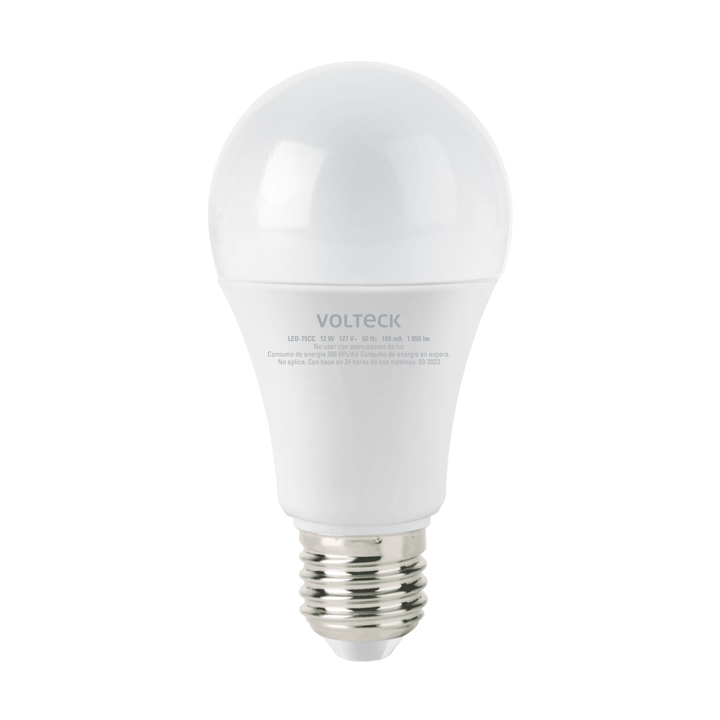 LED-75CC | Lámpara LED tipo bulbo A19 12 W luz cálida, caja, Volteck
