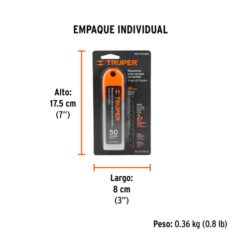 Estuche con 50 cuchillas SK4 de 18 mm para cutter, Truper | REP-CUT-650 | 100101