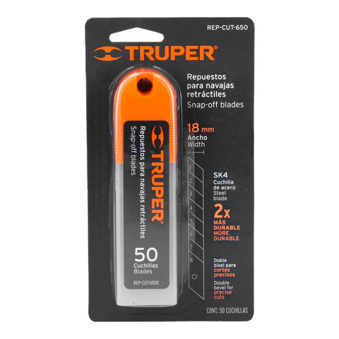 Estuche con 50 cuchillas SK4 de 18 mm para cutter, Truper | REP-CUT-650 | 100101
