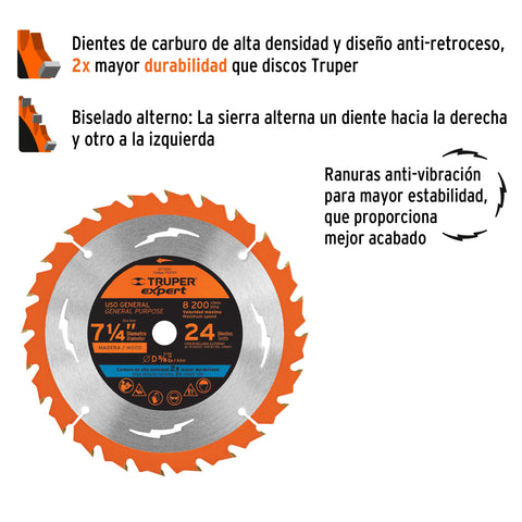 Disco sierra 7-1/4' p/madera, 24 dientes centro 5/8', Expert | ST-724X | 100103