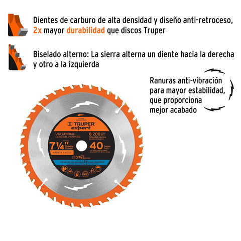 Disco sierra 7-1/4' p/madera, 40 dientes centro 5/8', Expert | ST-740X | 100104