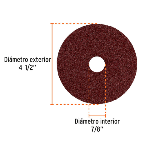 Disco de lija 4-1/2' con respaldo de fibra, grano 24, TRUPER | DILF-424 | 100124