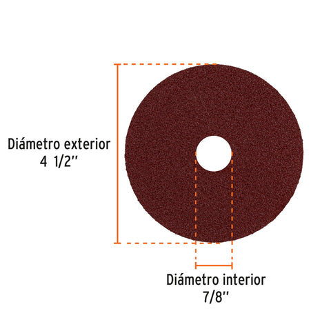 Disco de lija 4-1/2' con respaldo de fibra, grano 50, TRUPER | DILF-450 | 100126