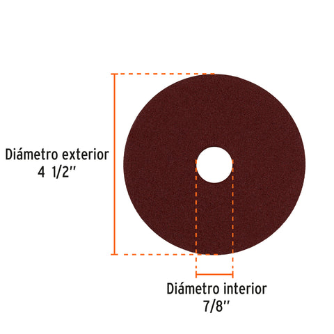 Disco de lija 4-1/2' con respaldo de fibra, grano 80, TRUPER | DILF-480 | 100127