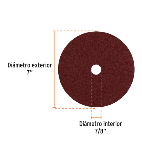 Disco de lija de 7' con respaldo de fibra, grano 50, TRUPER | DILF-750 | 100161