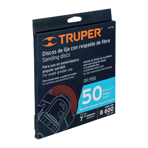 Disco de lija de 7' con respaldo de fibra, grano 50, TRUPER | DILF-750 | 100161