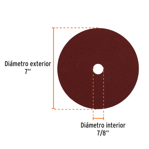 Disco de lija de 7' con respaldo de fibra, grano 80, TRUPER | DILF-780 | 100162