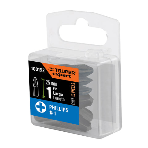 Estuche con 15 puntas de cruz PH1 largo 1', Truper Expert | PUDE-1101-15 | 100192